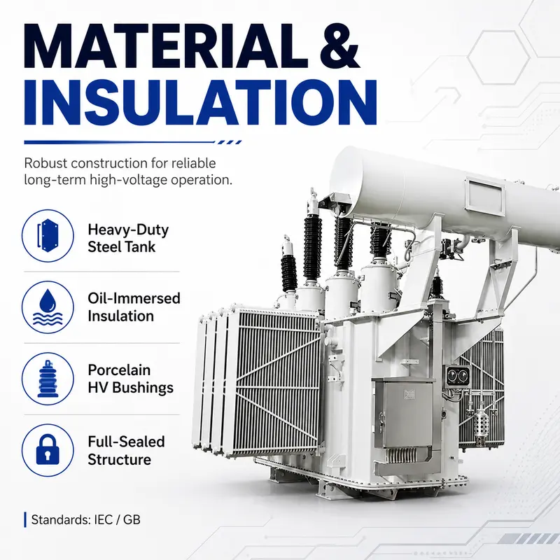 220/230kV Three-Phase Oil-Immersed Power Transformer (31500–420000kVA, 50/60Hz) — construction and materials detail