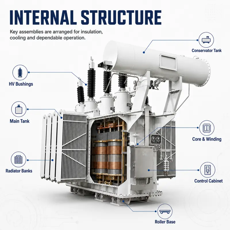 220/230kV Three-Phase Oil-Immersed Power Transformer (31500–420000kVA, 50/60Hz) — internal structure