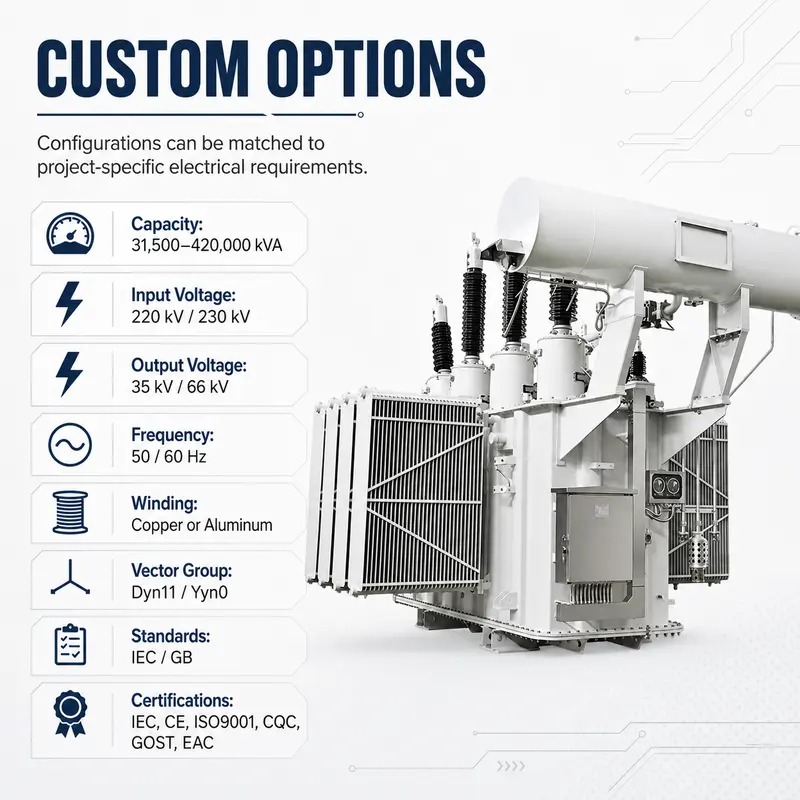 220/230kV Three-Phase Oil-Immersed Power Transformer (31500–420000kVA, 50/60Hz) — customisation options
