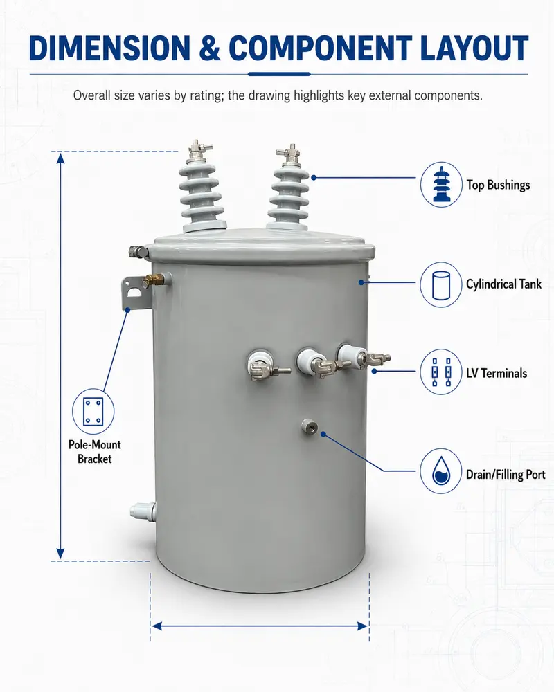 25/50/75/100kVA Single-Phase Pole-Mounted Oil Distribution Transformer — dimensions and layout