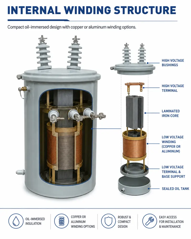 25/50/75/100kVA Single-Phase Pole-Mounted Oil Distribution Transformer — internal structure
