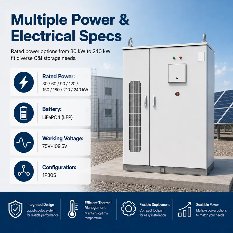 30–240kW Liquid-Cooled Integrated Solar & Industrial Energy Storage Cabinet — specification and nameplate detail