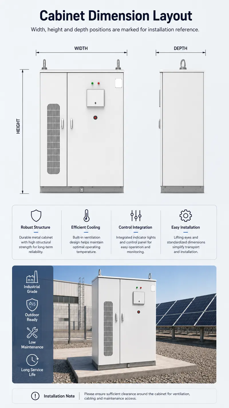 30–240kW Liquid-Cooled Integrated Solar & Industrial Energy Storage Cabinet — dimensions and layout