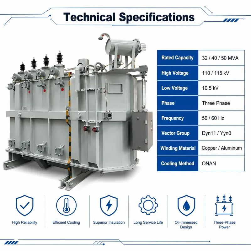 32 / 40 / 50 MVA Oil-Immersed Power Transformer 110–115 kV to 10.5 kV — dimensions and layout