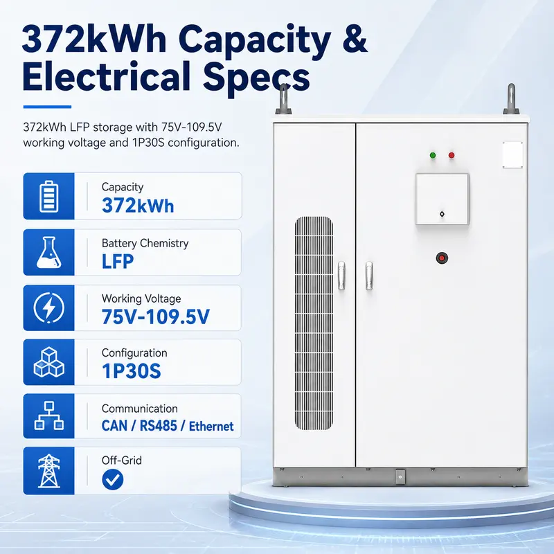 372kWh Liquid-Cooled Outdoor Cabinet — Integrated Lithium Battery Energy Storage System — specification and nameplate detail