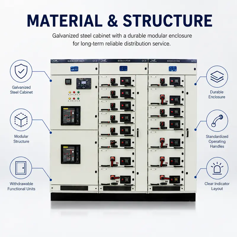 400–480V Low Voltage Power Distribution Switchgear Panel (1600A, IP65, Galvanized Steel) — construction and materials detail