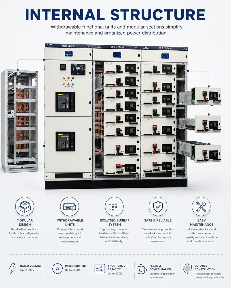 400–480V Low Voltage Power Distribution Switchgear Panel (1600A, IP65, Galvanized Steel) — internal structure