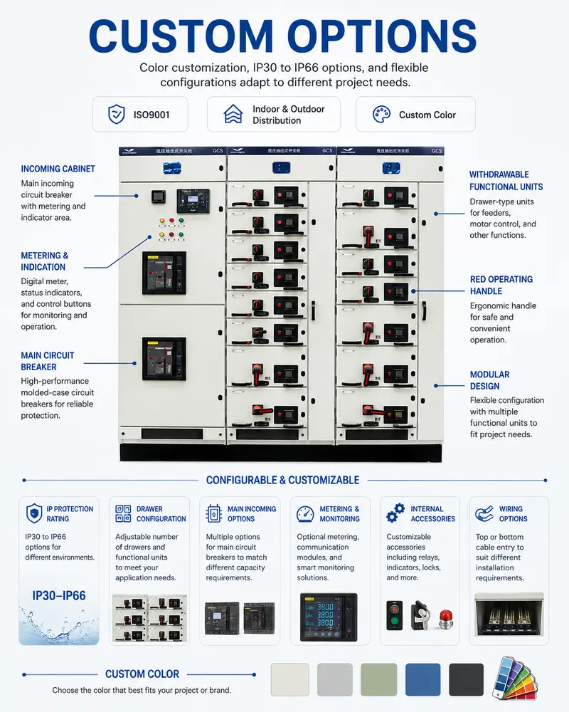 400–480V Low Voltage Power Distribution Switchgear Panel (1600A, IP65, Galvanized Steel) — customisation options