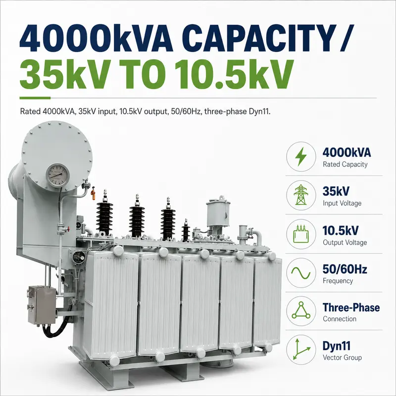 4000kVA 35/10.5kV Three-Phase Oil-Immersed Power Transformer — specification and nameplate detail