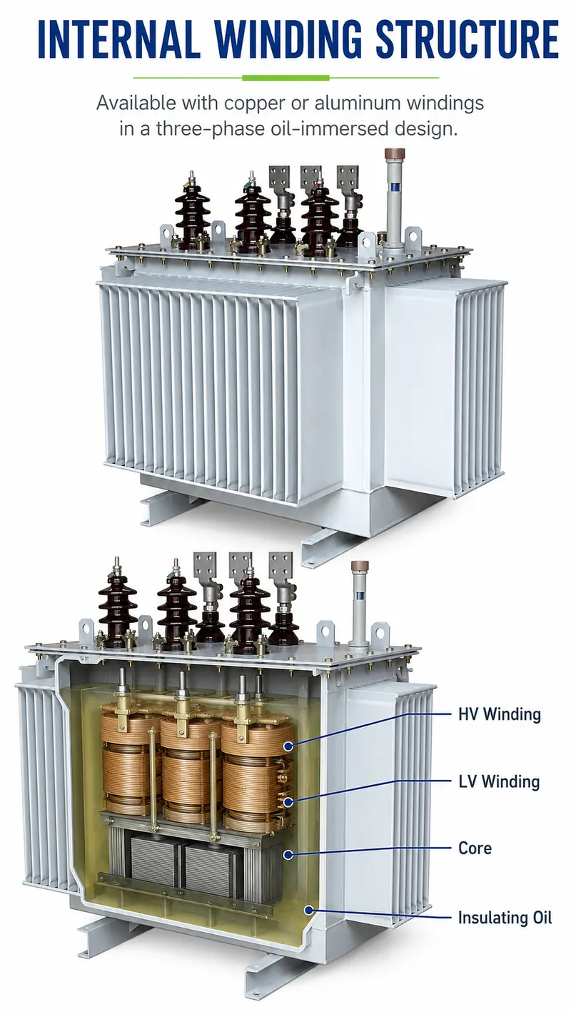 500kVA & 1000kVA 11kV/400V Three-Phase Oil-Immersed Distribution Transformer — internal structure