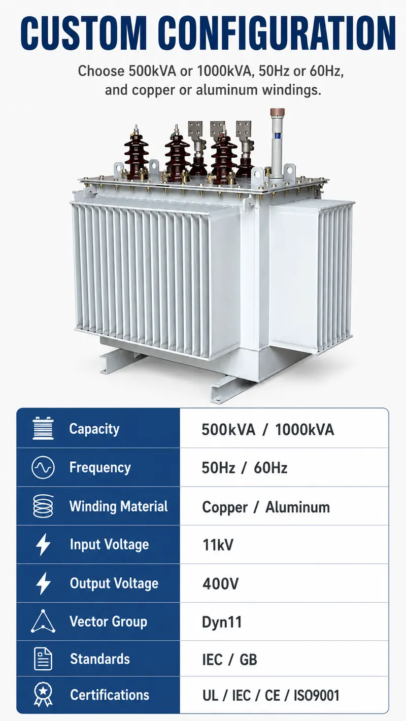 500kVA & 1000kVA 11kV/400V Three-Phase Oil-Immersed Distribution Transformer — customisation options