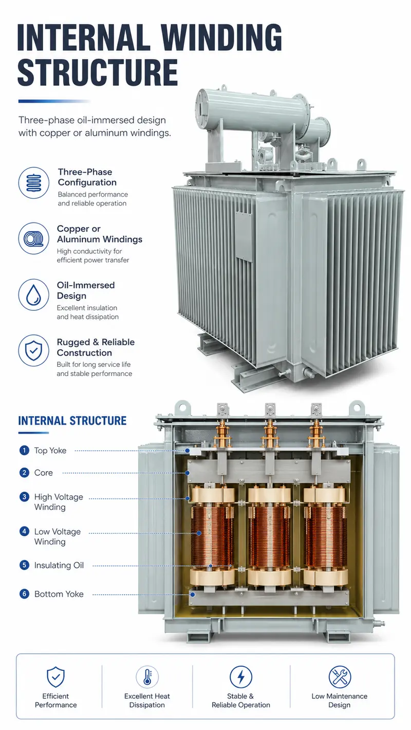 500kVA & 1000kVA MV/HV Three-Phase Oil-Immersed Distribution Transformer (6kV–35kV) — internal structure