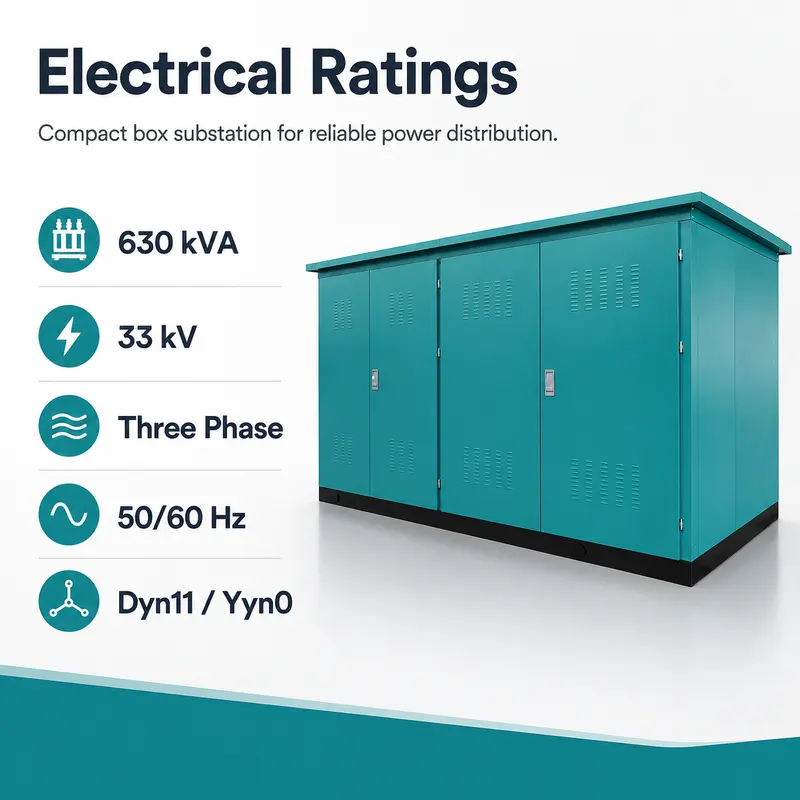 630 kVA 33 kV Compact Power Distribution Substation — specification and nameplate detail