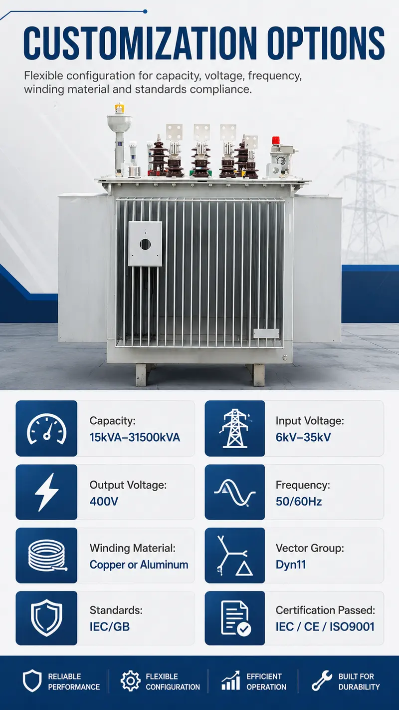 630kVA–1250kVA 10kV/400V Three-Phase Oil-Immersed Distribution Transformer — customisation options