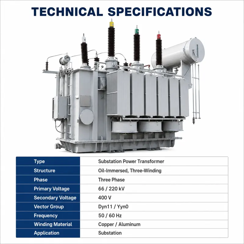 66 / 220 kV Three-Winding Oil-Immersed Substation Power Transformer — dimensions and layout