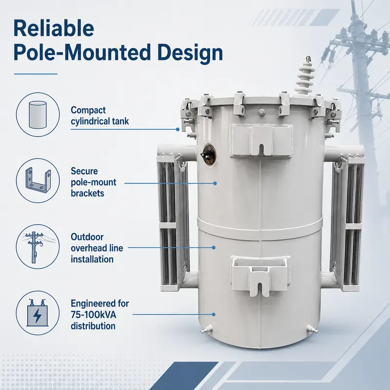 75 kVA & 100 kVA Single-Phase Oil-Filled Pole-Mounted Transformer — construction and materials detail