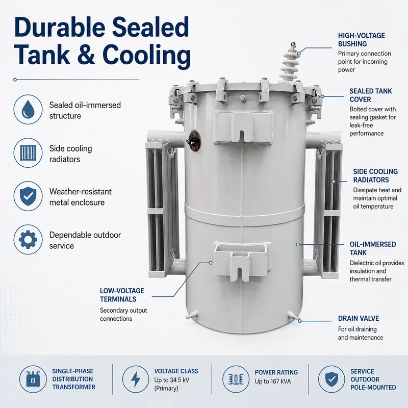 75 kVA & 100 kVA Single-Phase Oil-Filled Pole-Mounted Transformer — safety and protection features