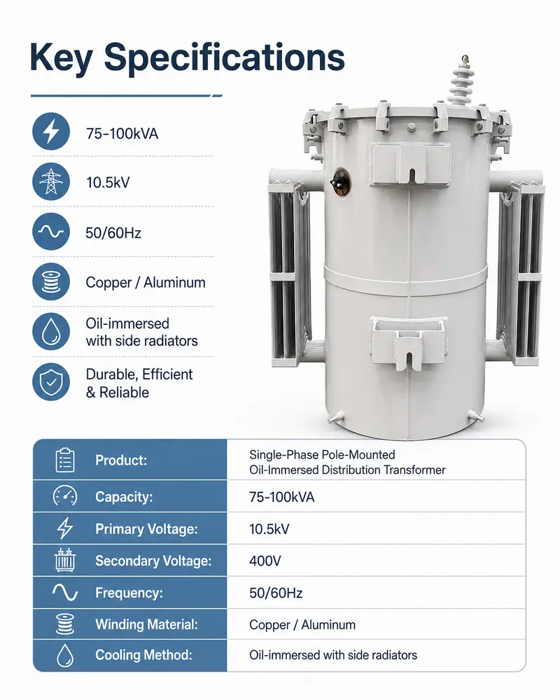 75 kVA & 100 kVA Single-Phase Oil-Filled Pole-Mounted Transformer — dimensions and layout