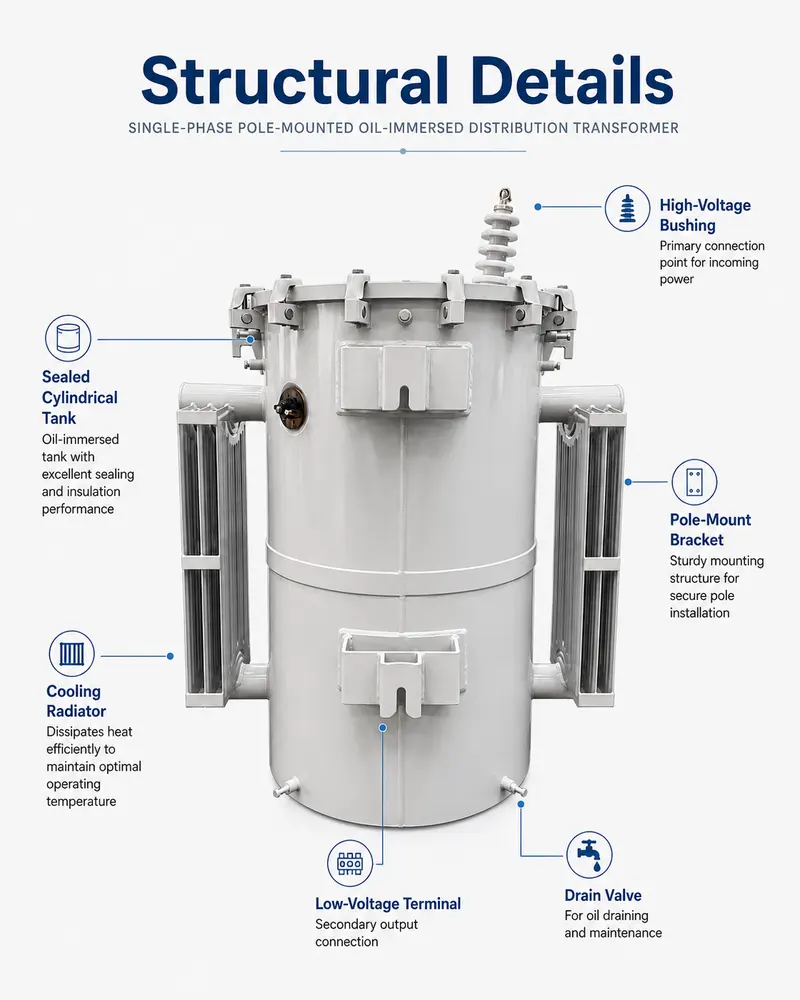 75 kVA & 100 kVA Single-Phase Oil-Filled Pole-Mounted Transformer — internal structure