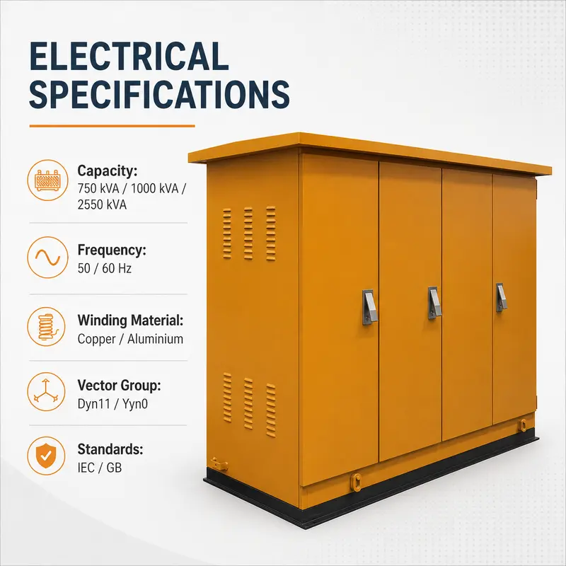 750 / 1000 / 2550 kVA American-style Compact Substation — specification and nameplate detail