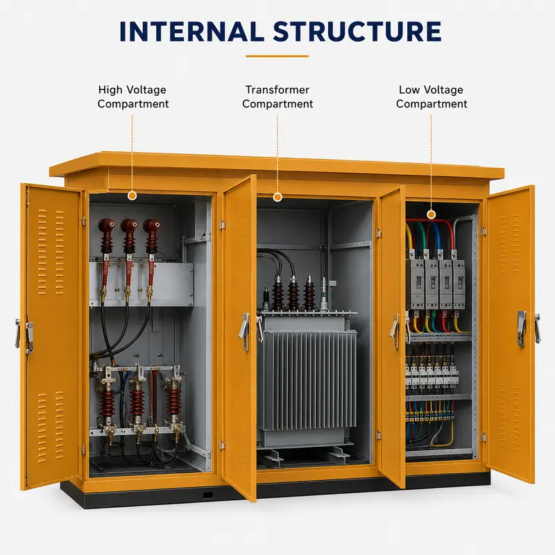 750 / 1000 / 2550 kVA American-style Compact Substation — internal structure