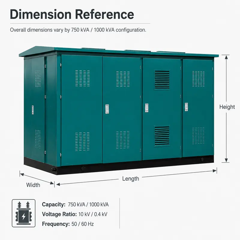 750 / 1000 kVA 10/0.4 kV Compact Box-type Substation — dimensions and layout