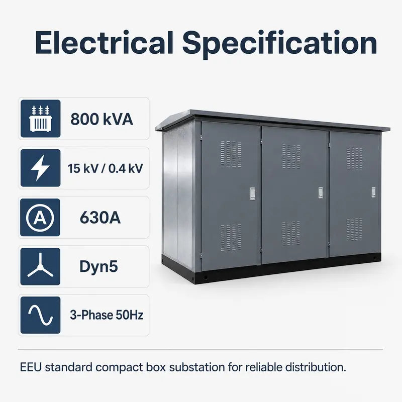 800 kVA 15/0.4 kV EEU-Standard Compact Box Substation — specification and nameplate detail