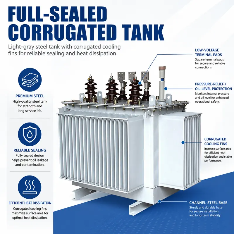 800kVA & 1000kVA 20kV/400V Three-Phase Oil-Immersed Transformer (No-Load Tap Changer) — construction and materials detail