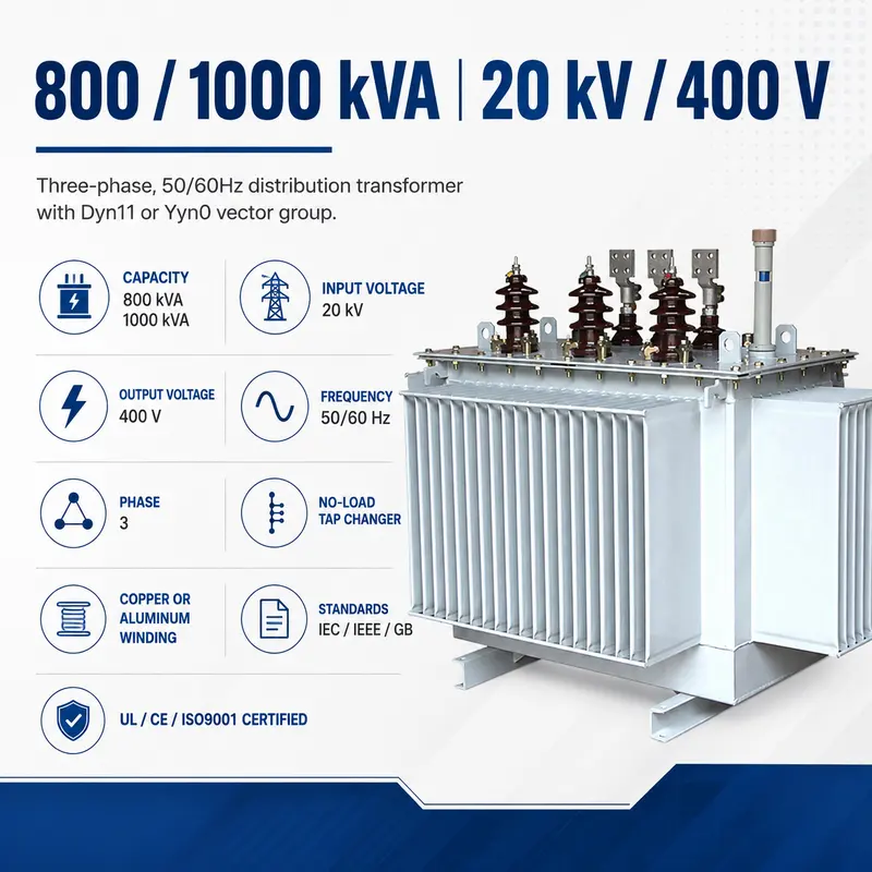 800kVA & 1000kVA 20kV/400V Three-Phase Oil-Immersed Transformer (No-Load Tap Changer) — specification and nameplate detail