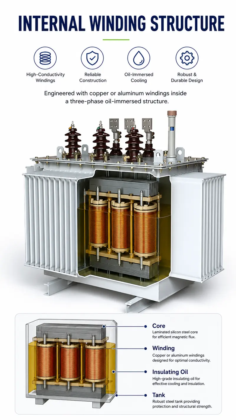 800kVA & 1000kVA 20kV/400V Three-Phase Oil-Immersed Transformer (No-Load Tap Changer) — internal structure