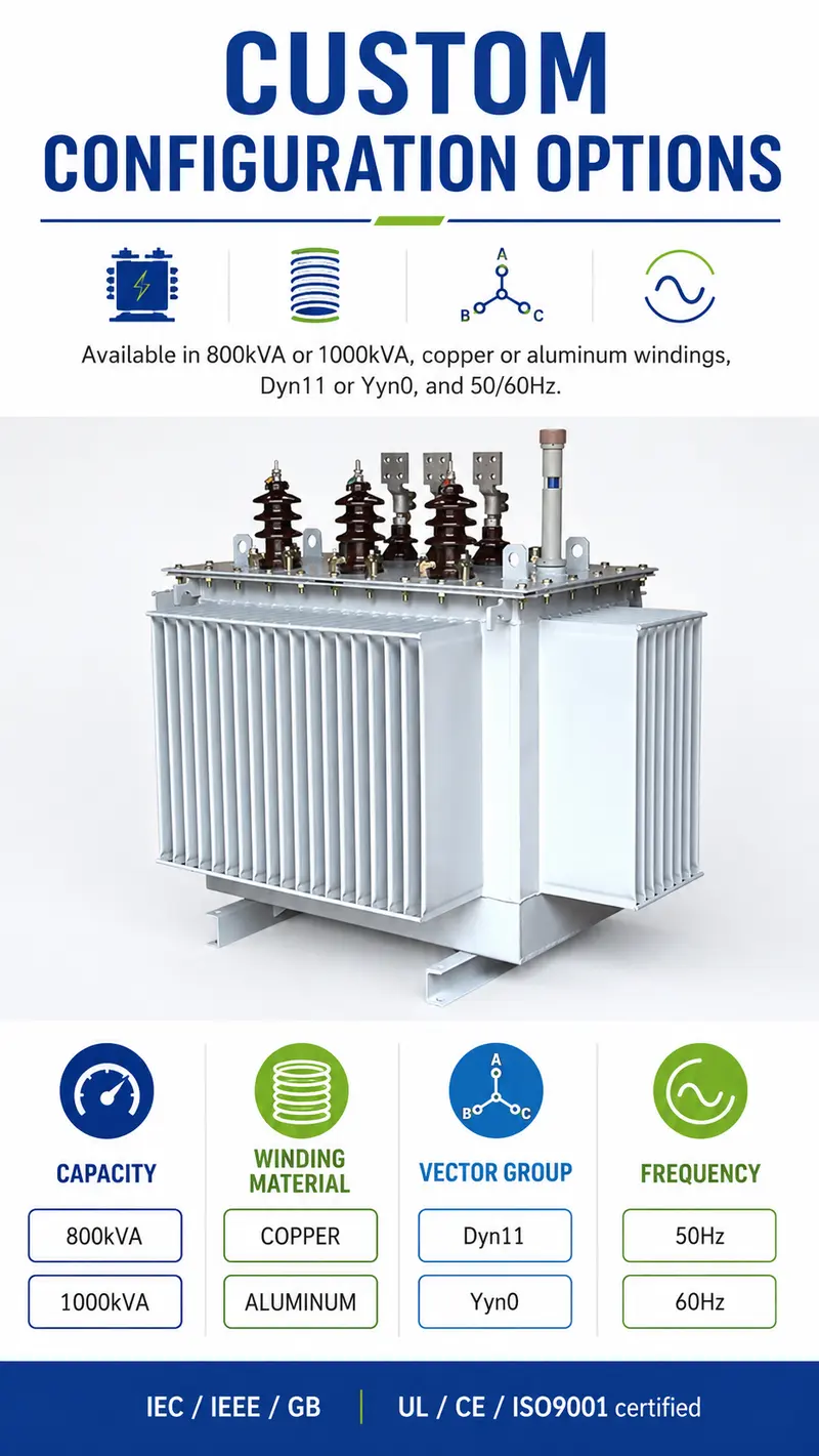 800kVA & 1000kVA 20kV/400V Three-Phase Oil-Immersed Transformer (No-Load Tap Changer) — customisation options