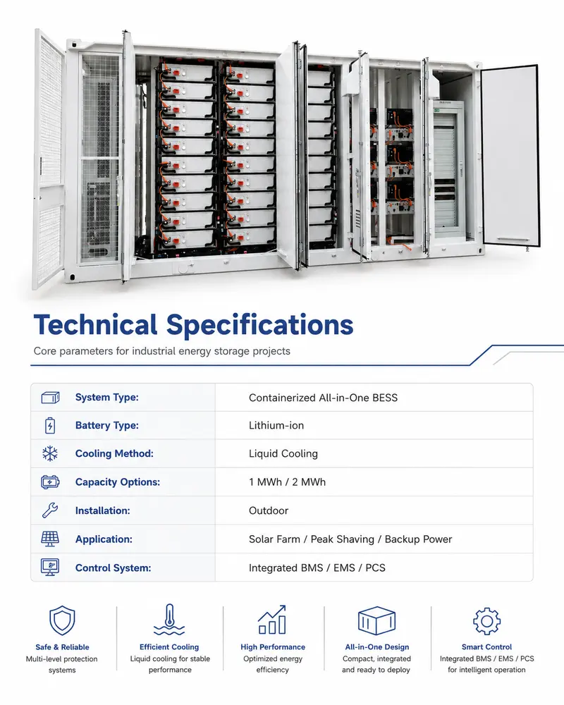 All-in-One Containerized BESS for Solar Farms (1000kWh–5MWh, Liquid-Cooled, IP67) — internal structure
