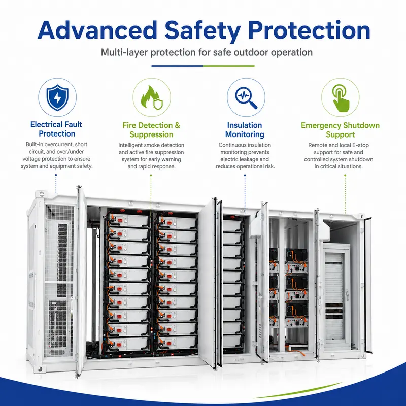 All-in-One ESS Container Battery, 6MWh–9MWh (Liquid-Cooled, On/Off-Grid, IP67) — safety and protection features