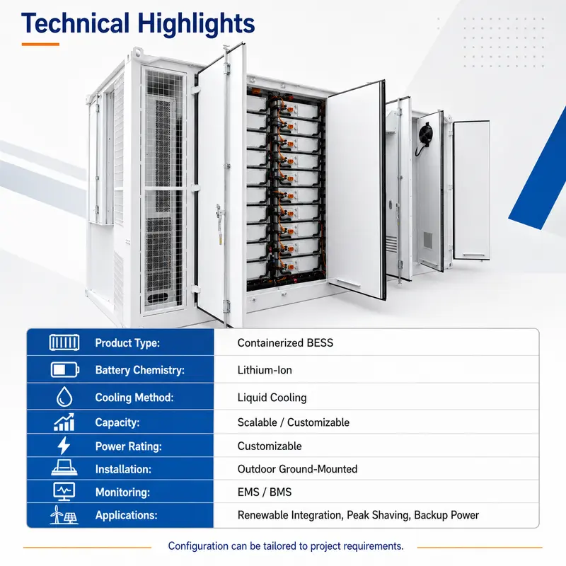 Battery-BMS-PCS Integrated LiFePO4 ESS, 500kWh–5MWh (Liquid-Cooled, IP67) — dimensions and layout