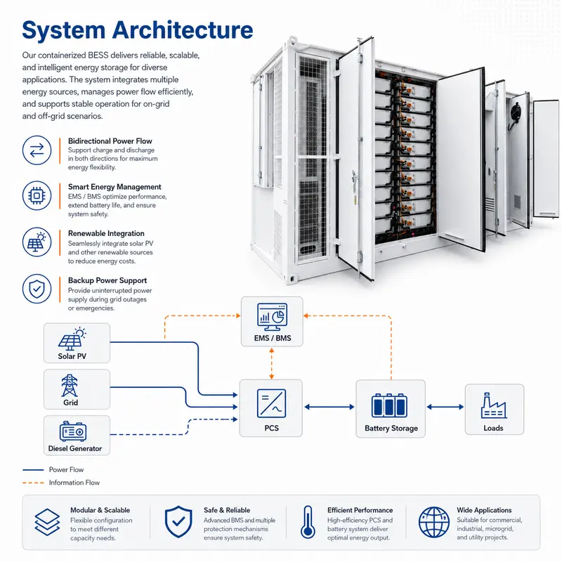 Battery-BMS-PCS Integrated LiFePO4 ESS, 500kWh–5MWh (Liquid-Cooled, IP67) — internal structure