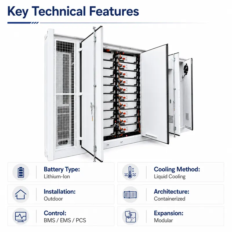 BESS LiFePO4 Battery Container, 1MWh–10MWh (Liquid-Cooled, IP67) — customisation options
