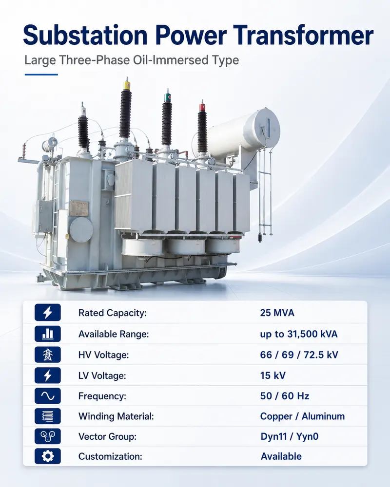 Customized 25 MVA / 31500 kVA Power Transformer 66–72.5 kV — dimensions and layout