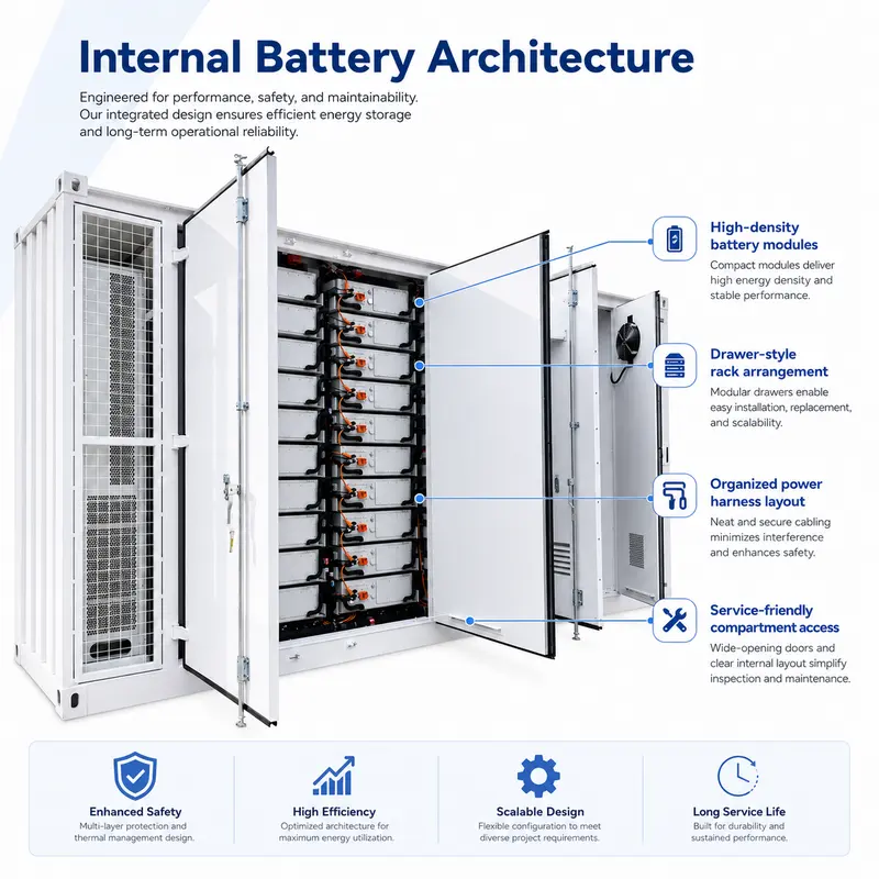 Customized Battery Energy Storage Container, 1000kWh–2150kWh (Liquid-Cooled, IP67) — dimensions and layout