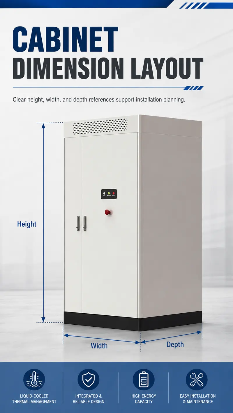 DC 1000V Liquid-Cooled Commercial & Industrial Energy Storage Cabinet (LiFePO4) — dimensions and layout