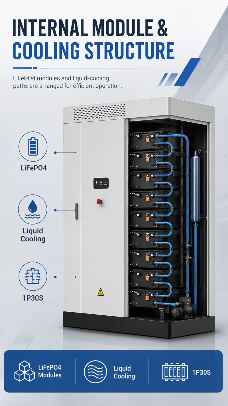 DC 1000V Liquid-Cooled Commercial & Industrial Energy Storage Cabinet (LiFePO4) — internal structure