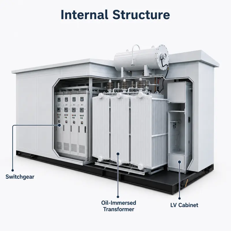 Hua-style Photovoltaic Boost Prefabricated Substation (35/0.4 kV) — internal structure