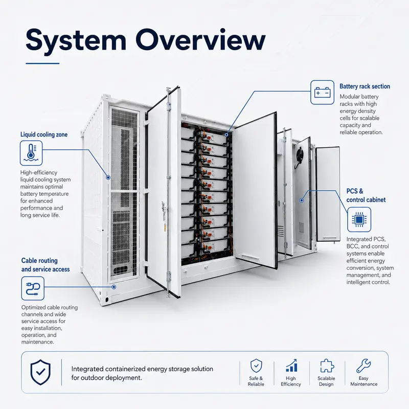 LiFePO4 Containerized BESS, 1MWh–6MWh / 1000kW (Liquid-Cooled, IP67) — dimensions and layout