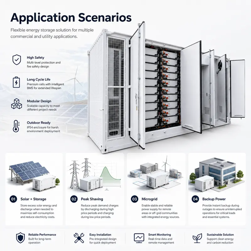 LiFePO4 Containerized BESS, 1MWh–6MWh / 1000kW (Liquid-Cooled, IP67) — customisation options