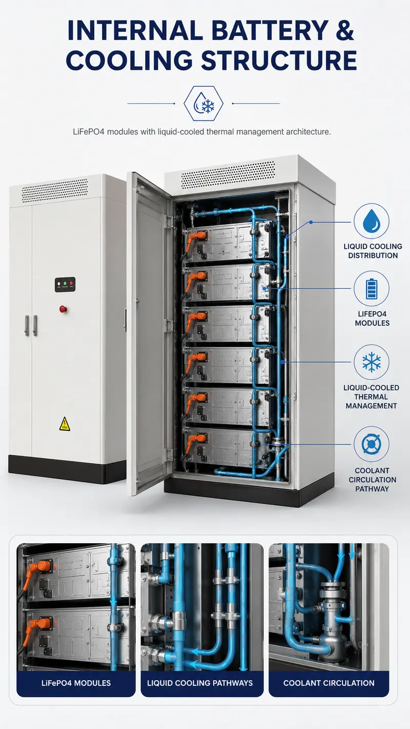 Liquid-Cooled Lithium Battery Energy Storage System — Static Diesel-Hybrid Integrated Cabinet — internal structure