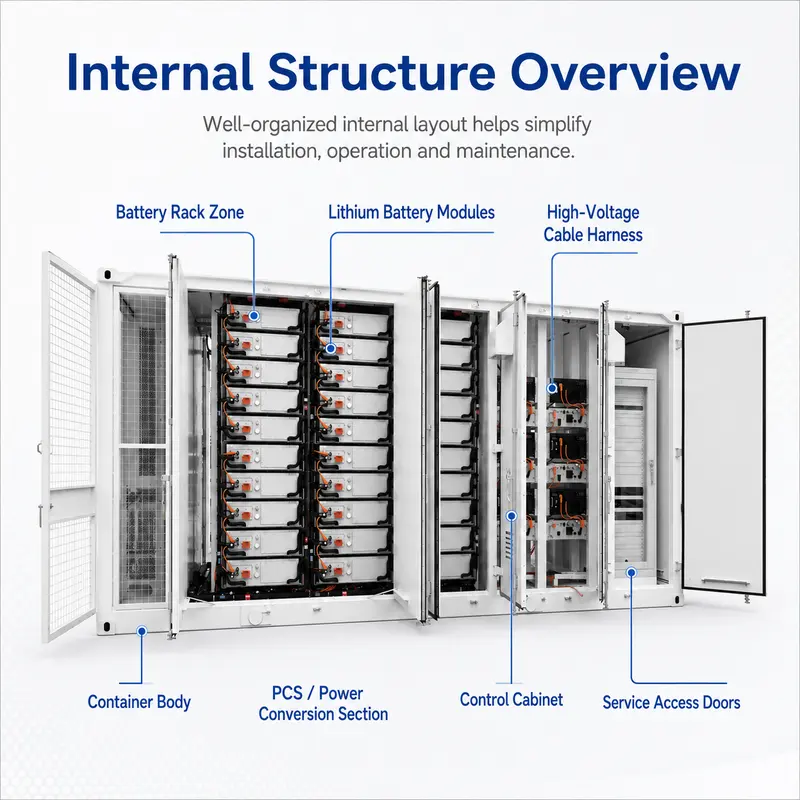 OEM/ODM All-in-One Smart Lithium-Ion BESS, Liquid-Cooled (1000kWh–5MWh, IP67) — dimensions and layout