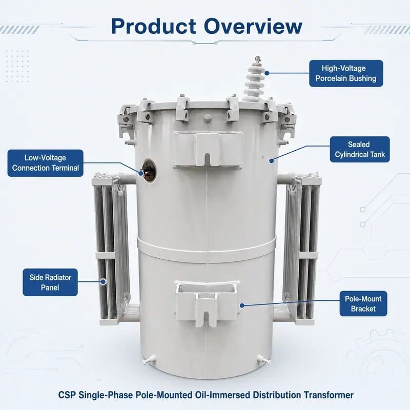 Oil-Filled 250 kVA CSP Single-Phase Pole-Mounted Distribution Transformer — dimensions and layout