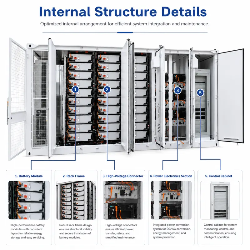 Outdoor 20ft/40ft Battery Container ESS (1–5MWh, Liquid-Cooled, IP67) — internal structure
