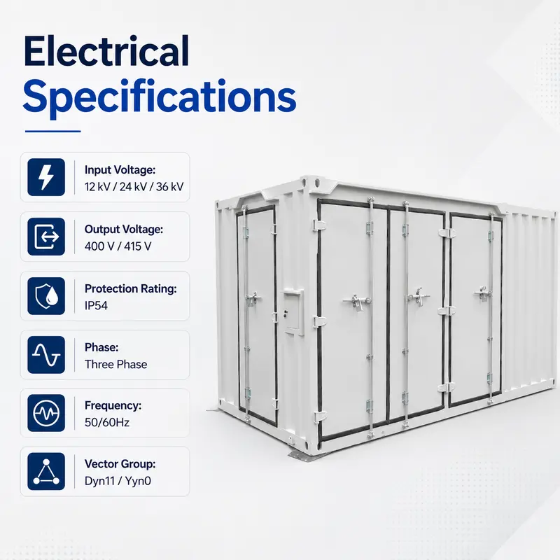 Photovoltaic Aluminum-Coil Prefabricated Container Substation (12–36 kV) — specification and nameplate detail