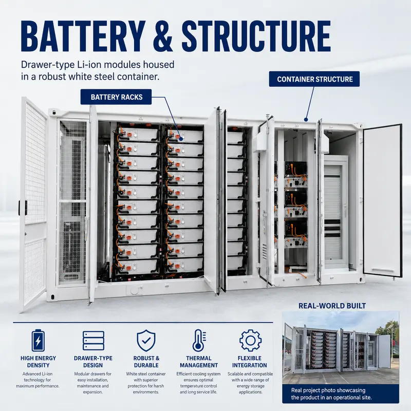 PV Power Storage Containerized BESS (1000kWh, 500kW–1MW, Liquid-Cooled, IP67) — construction and materials detail