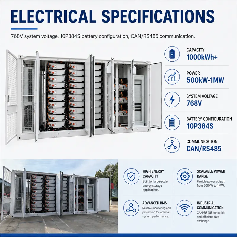 PV Power Storage Containerized BESS (1000kWh, 500kW–1MW, Liquid-Cooled, IP67) — specification and nameplate detail